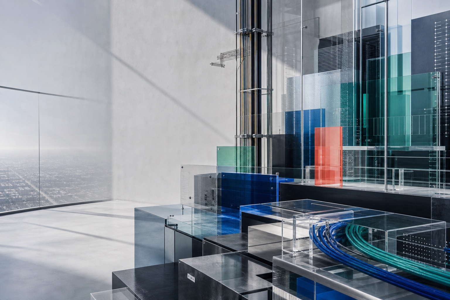 An architectural installation representing connected digital systems